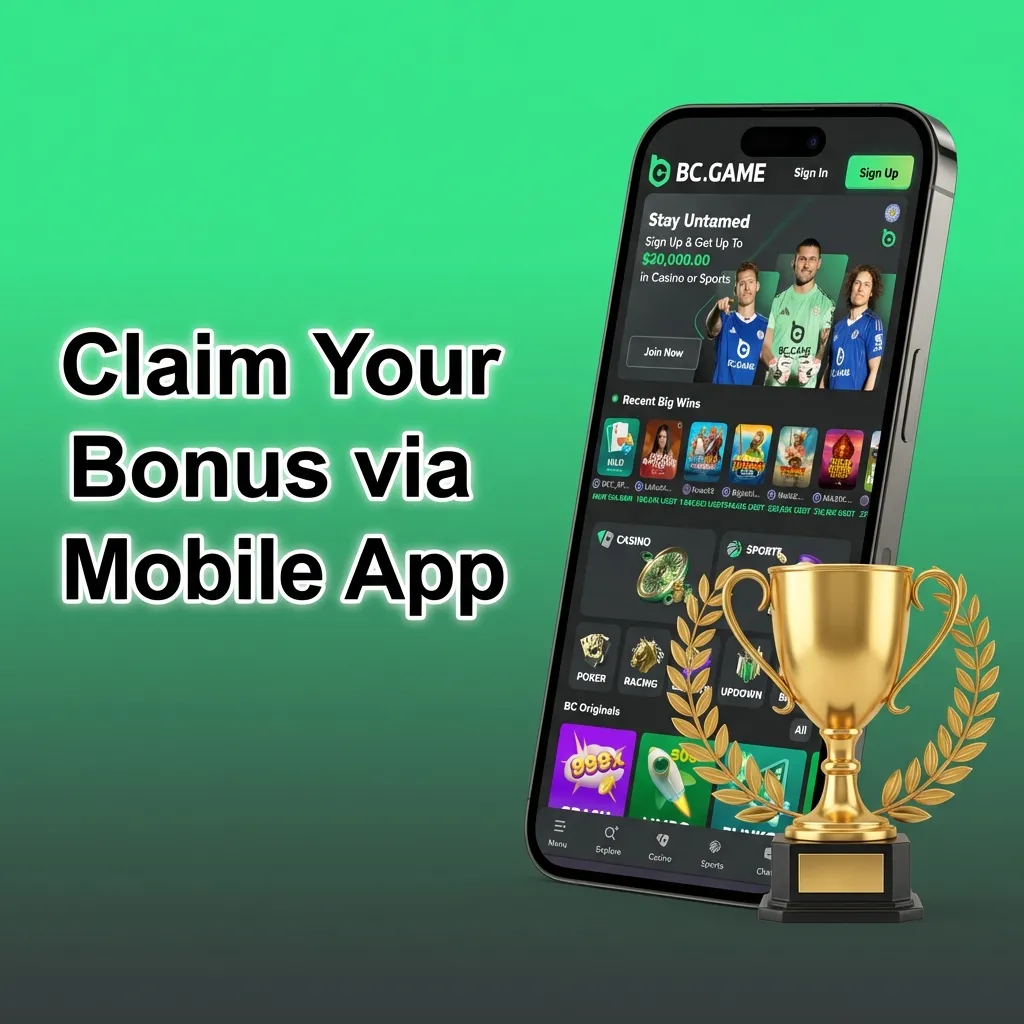 BC Game mobile app interface showing bonus claim process on smartphone screen
