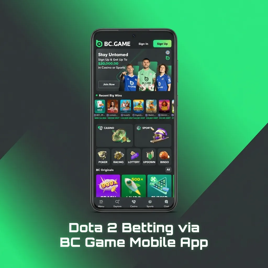 Smartphone displaying BC Game app with Dota 2 betting interface and match options