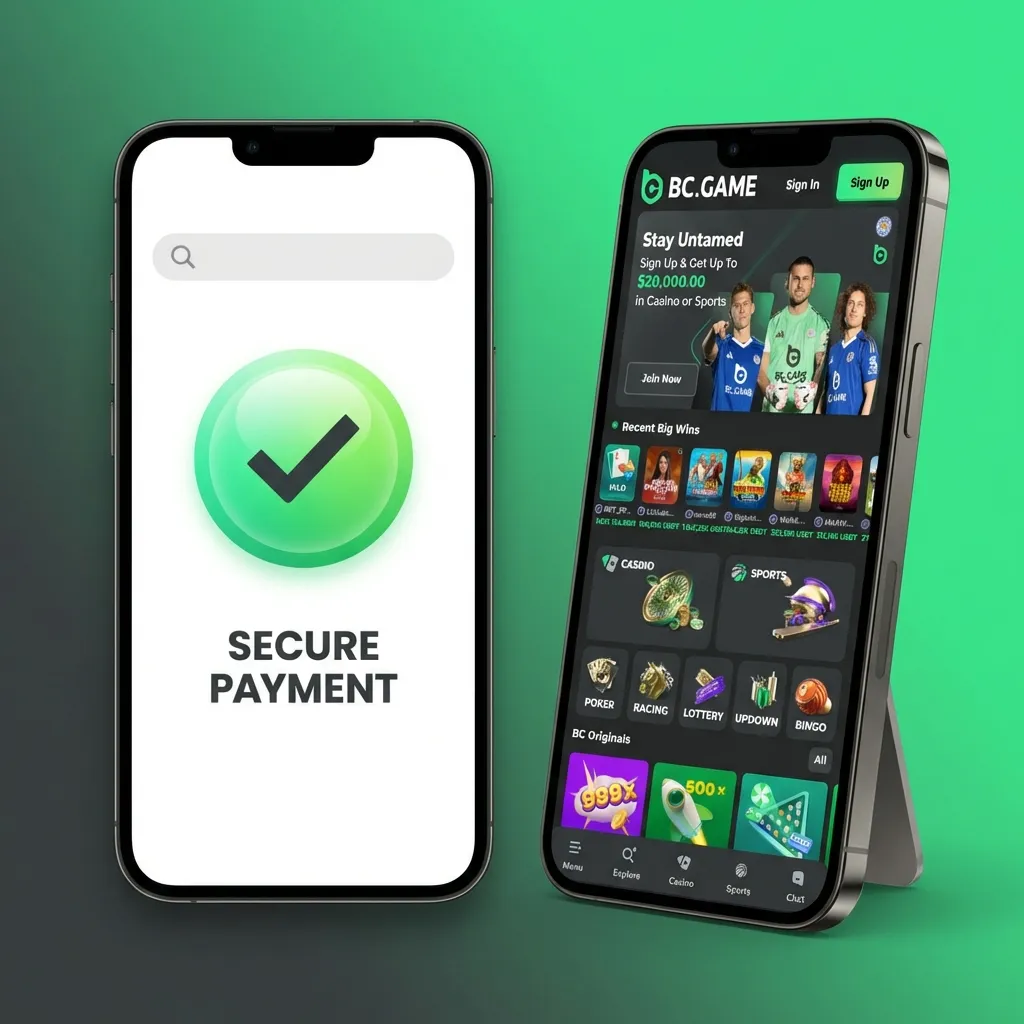 Mobile app screen showing BC Game deposit process with wallet icon and payment method selection