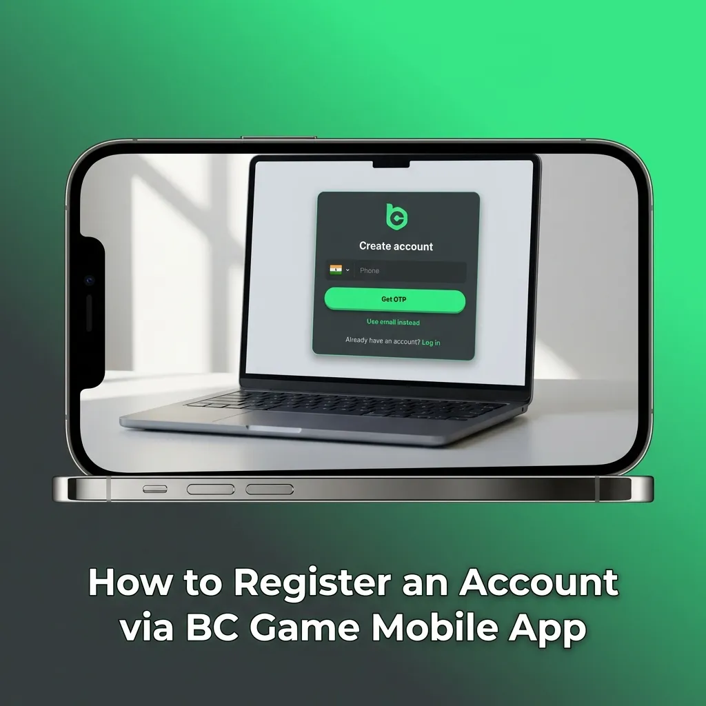 BC Game mobile app registration screen showing sign-up form with fields for mobile number, password, and currency