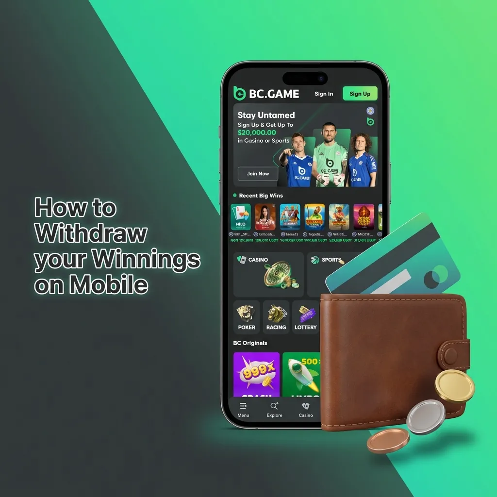 Step-by-step guide showing how to withdraw winnings from BC Game mobile app using wallet section and payment methods.