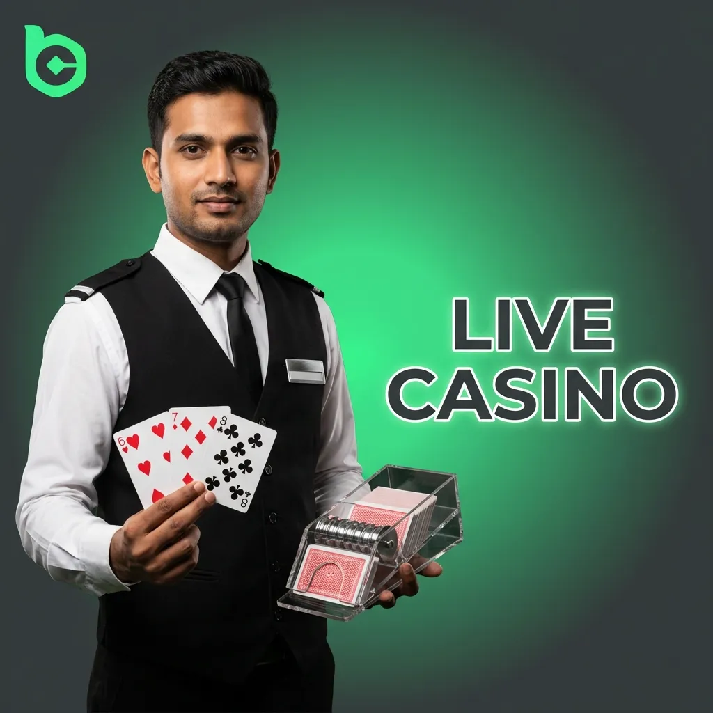 Live casino dealers streaming HD games including blackjack, roulette, baccarat, and game shows with real-time interaction.