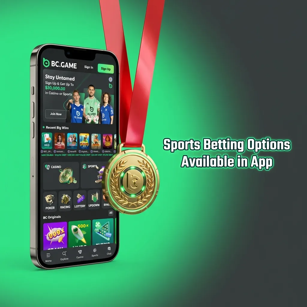 BC Game app sports betting interface showing cricket, football, tennis, basketball, and other sports options